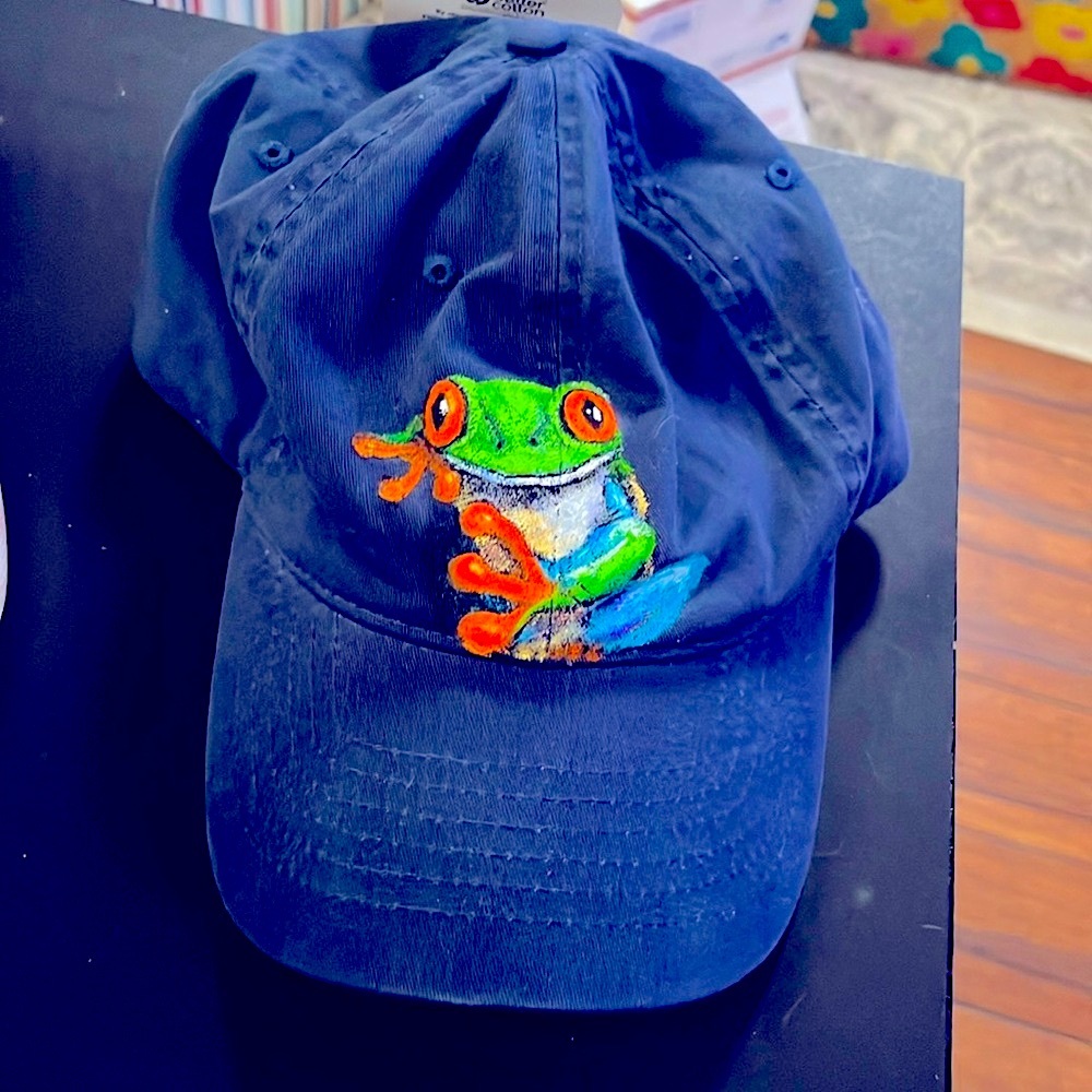 Funky Tree Frog Hat. Originally painted by Artist Miss Green.